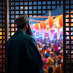 A contemplative image of Imam Al-Mahdi standing behind a traditional lattice screen (shabaj) as he gazes at a lively crowd celebrating the New Year's festivities