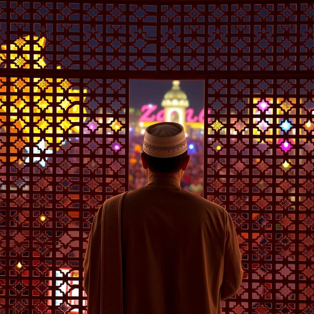 A contemplative image of Imam Al-Mahdi standing behind a traditional lattice screen (shabaj) as he gazes at a lively crowd celebrating the New Year's festivities