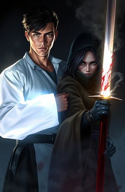 A young, handsome man with an ethereal glowing arm, casting a soft, radiant light around him, standing confidently next to a mysterious woman