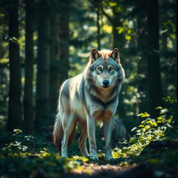 A majestic wolf standing in a dense forest, surrounded by tall trees and lush greenery