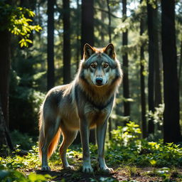 A majestic wolf standing in a dense forest, surrounded by tall trees and lush greenery