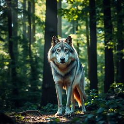 A majestic wolf standing in a dense forest, surrounded by tall trees and lush greenery
