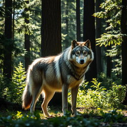 A majestic wolf standing in a dense forest, surrounded by tall trees and lush greenery