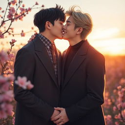 A romantic scene depicting two handsome Korean men sharing a soft kiss, one with dark, styled hair (Kim Namjoon) and the other with lighter, flowing hair (Kim Seok Jin)