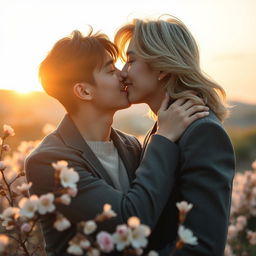 A romantic scene depicting two handsome Korean men sharing a soft kiss, one with dark, styled hair (Kim Namjoon) and the other with lighter, flowing hair (Kim Seok Jin)