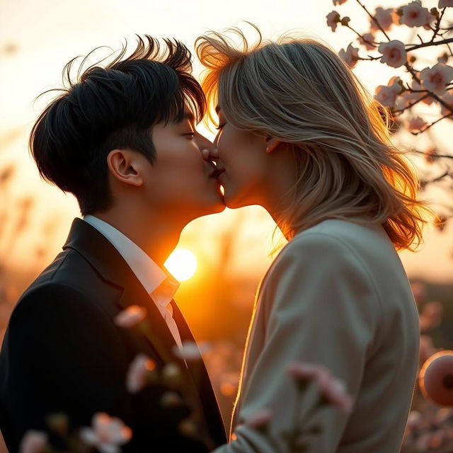 A romantic scene depicting two handsome Korean men sharing a soft kiss, one with dark, styled hair (Kim Namjoon) and the other with lighter, flowing hair (Kim Seok Jin)