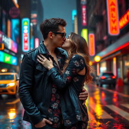 A romantic scene depicting an intimate kiss between a stylish man reminiscent of Bruno Mars, wearing a slick dark jacket, floral shirt, and sunglasses, against a vibrant city backdrop on a rainy day