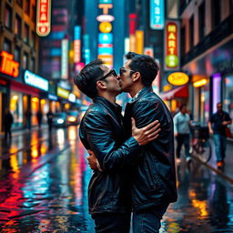 A romantic scene depicting an intimate kiss between a stylish man reminiscent of Bruno Mars, wearing a slick dark jacket, floral shirt, and sunglasses, against a vibrant city backdrop on a rainy day