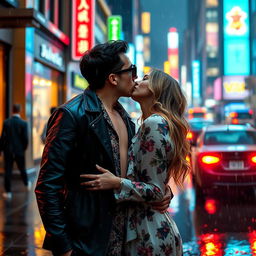 A romantic scene depicting an intimate kiss between a stylish man reminiscent of Bruno Mars, wearing a slick dark jacket, floral shirt, and sunglasses, against a vibrant city backdrop on a rainy day