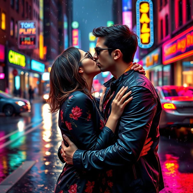 A romantic scene depicting an intimate kiss between a stylish man reminiscent of Bruno Mars, wearing a slick dark jacket, floral shirt, and sunglasses, against a vibrant city backdrop on a rainy day