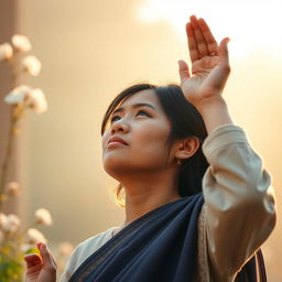 An inspiring image of a person with an expression of devotion, raising their hands in prayer to God