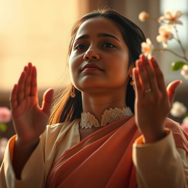 An inspiring image of a person with an expression of devotion, raising their hands in prayer to God