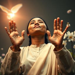An inspiring image of a person with an expression of devotion, raising their hands in prayer to God