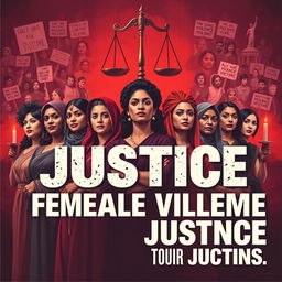 A powerful and evocative poster promoting justice for female violence victims, showcasing a diverse group of strong women standing united