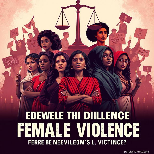 A powerful and evocative poster promoting justice for female violence victims, showcasing a diverse group of strong women standing united