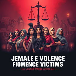 A powerful and evocative poster promoting justice for female violence victims, showcasing a diverse group of strong women standing united
