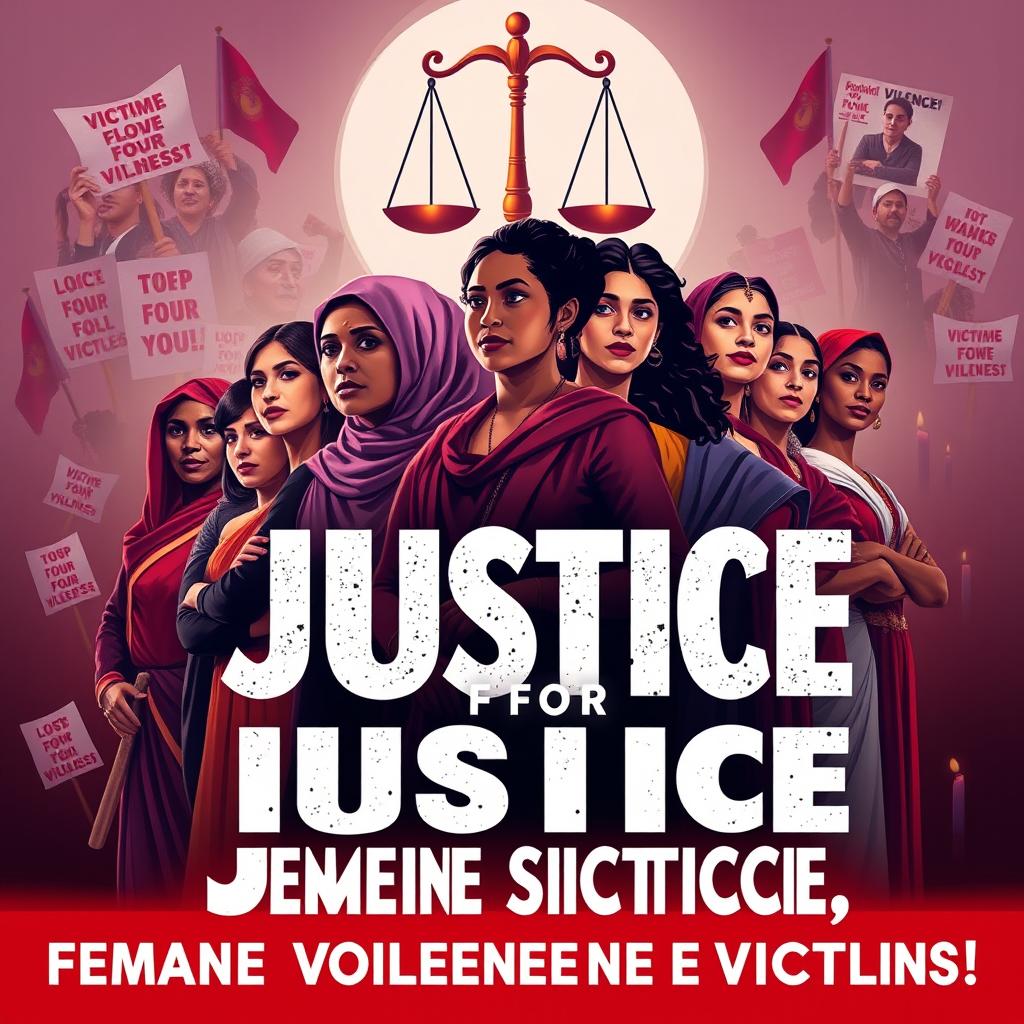A powerful and evocative poster promoting justice for female violence victims, showcasing a diverse group of strong women standing united
