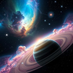 A breathtaking cosmic landscape showcasing the vast universe with vibrant nebulae in various colors, swirling galaxies, and twinkling stars scattered across the black void of space