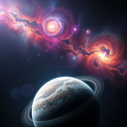 A breathtaking cosmic landscape showcasing the vast universe with vibrant nebulae in various colors, swirling galaxies, and twinkling stars scattered across the black void of space