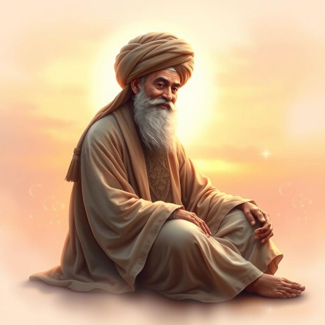 A serene, mystical portrait of Mewlana (Rumi), the Sufi poet and philosopher, sitting gracefully in a contemplative pose