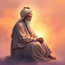 A serene, mystical portrait of Mewlana (Rumi), the Sufi poet and philosopher, sitting gracefully in a contemplative pose