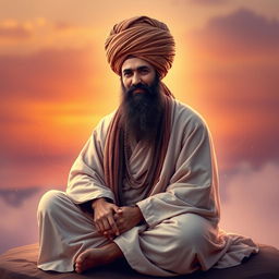 A serene, mystical portrait of Mewlana (Rumi), the Sufi poet and philosopher, sitting gracefully in a contemplative pose