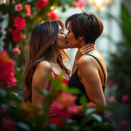 A passionate scene of two beautiful women sharing a hot kiss