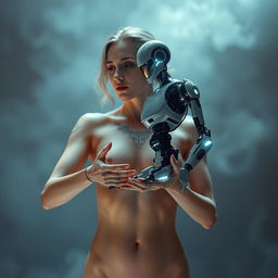 A stunning scene featuring a naked woman with an intricate tattoo on her body, delicately holding a futuristic robot in her hands