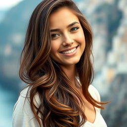 A captivating young woman with rich, flowing brown hair, styled elegantly