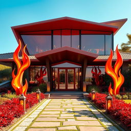A stunning front design of a house inspired by the concept of fire, showcasing vibrant warm colors like red, orange, and yellow