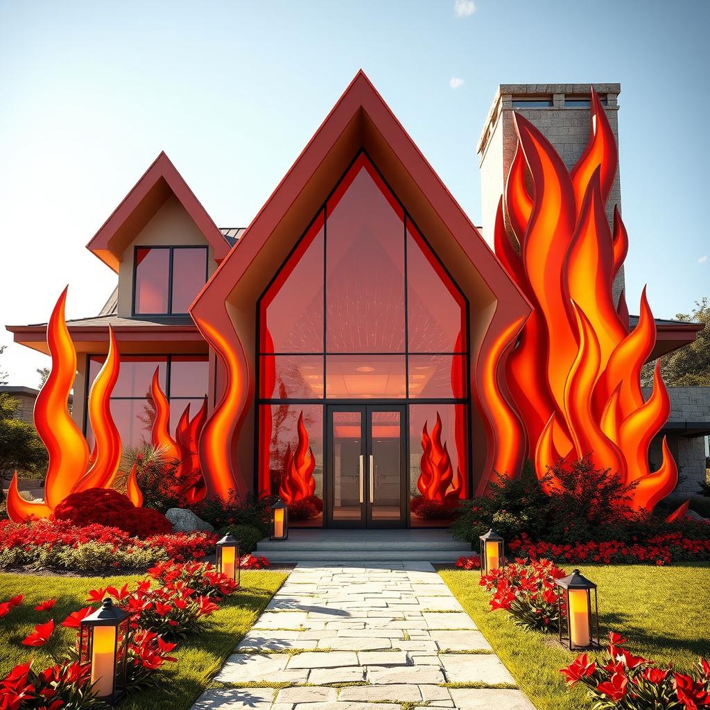 A stunning front design of a house inspired by the concept of fire, showcasing vibrant warm colors like red, orange, and yellow