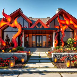 A stunning front design of a house inspired by the concept of fire, showcasing vibrant warm colors like red, orange, and yellow