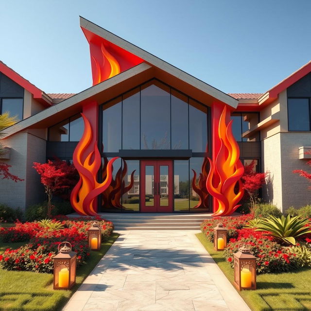 A stunning front design of a house inspired by the concept of fire, showcasing vibrant warm colors like red, orange, and yellow