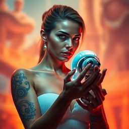 A captivating image of a woman with an elaborate tattoo adorning her arm, gently holding a futuristic robot in her hands