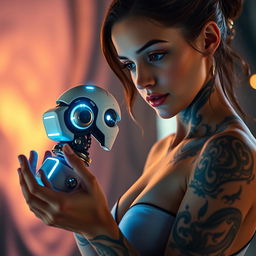 A captivating image of a woman with an elaborate tattoo adorning her arm, gently holding a futuristic robot in her hands