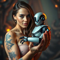 A captivating image of a woman with an elaborate tattoo adorning her arm, gently holding a futuristic robot in her hands