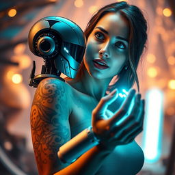 A captivating image of a woman with an elaborate tattoo adorning her arm, gently holding a futuristic robot in her hands