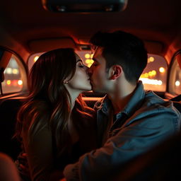 A passionate moment shared between a straight couple kissing in a car, surrounded by the cozy and intimate ambiance of the vehicle