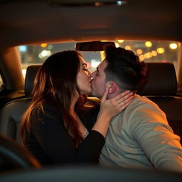 A passionate moment shared between a straight couple kissing in a car, surrounded by the cozy and intimate ambiance of the vehicle