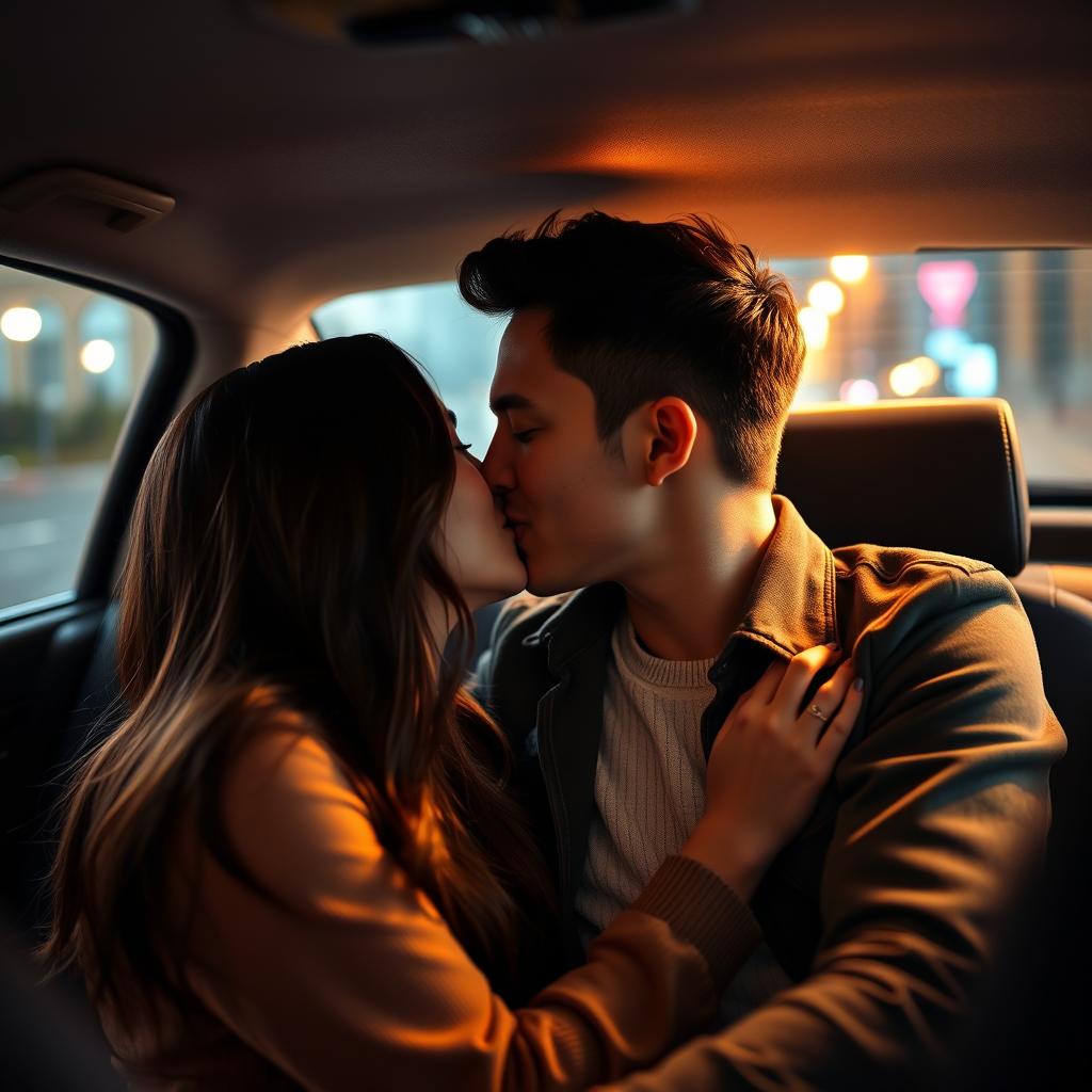 A passionate moment shared between a straight couple kissing in a car, surrounded by the cozy and intimate ambiance of the vehicle