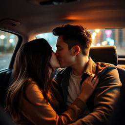 A passionate moment shared between a straight couple kissing in a car, surrounded by the cozy and intimate ambiance of the vehicle