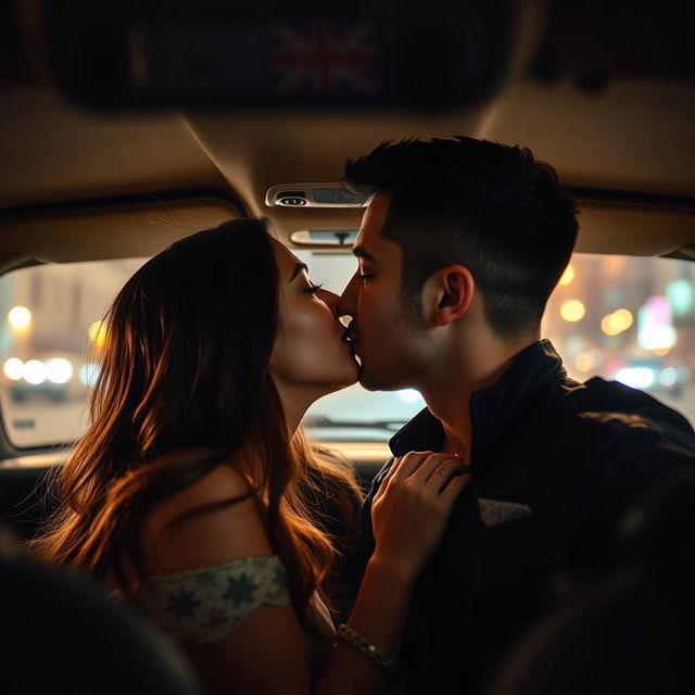 A passionate moment shared between a straight couple kissing in a car, surrounded by the cozy and intimate ambiance of the vehicle