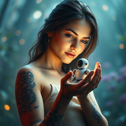 A captivating image of a woman with an intricate tattoo on her arm, gently holding a small, futuristic robot in her hands
