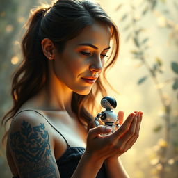 A captivating image of a woman with an intricate tattoo on her arm, gently holding a small, futuristic robot in her hands