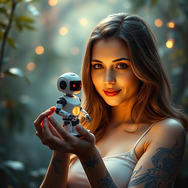 A captivating image of a woman with an intricate tattoo on her arm, gently holding a small, futuristic robot in her hands