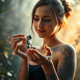 A captivating image of a woman with an intricate tattoo on her arm, gently holding a small, futuristic robot in her hands