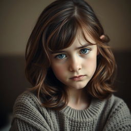 A portrait of a brown-haired girl with an uncertain expression