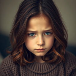 A portrait of a brown-haired girl with an uncertain expression