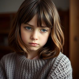 A portrait of a brown-haired girl with an uncertain expression