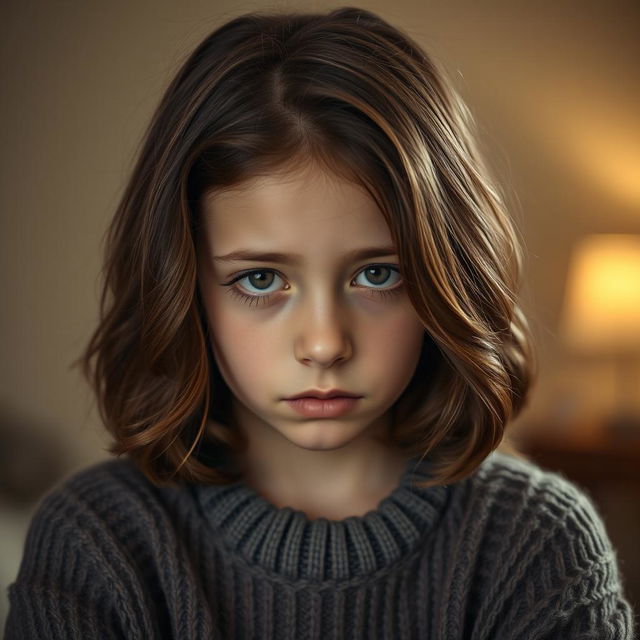 A portrait of a brown-haired girl with an uncertain expression